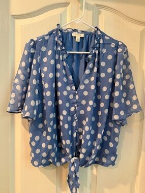 Blue Polka Dot Tie-Front Blouse